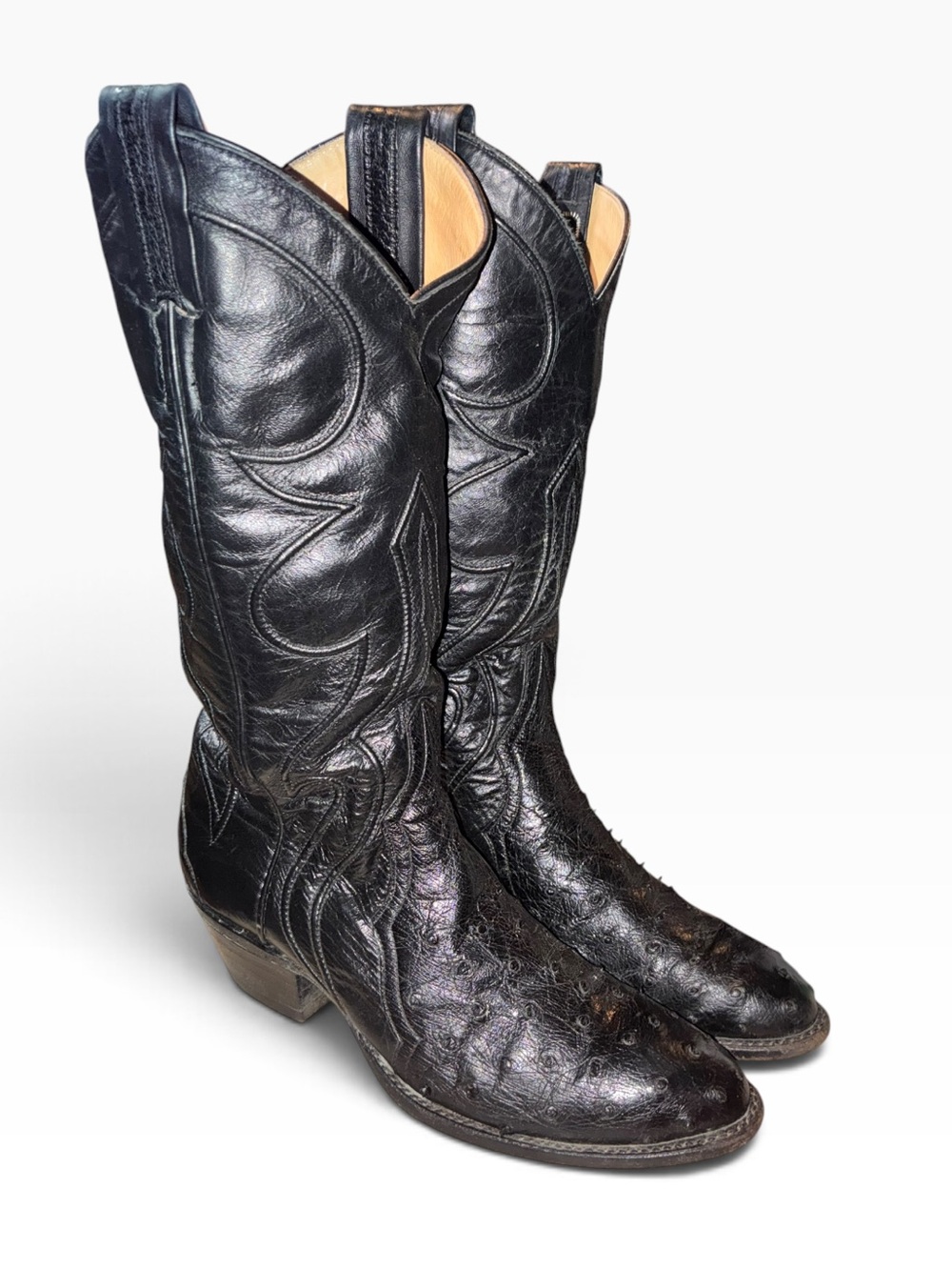 Larry Mahan Black Leather Embroidered Western Heeled Boots